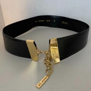 St. John Black Leather Belt 32 Chain Closure Brass 45212 Made Italy